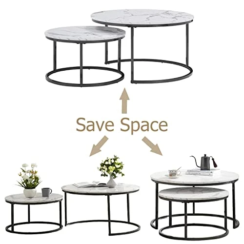 Modern Nesting Coffee Tables Set Of 2, Jepwe Round Coffee Table Faux Marble Tabletop Powder Coated Metal Frame Mid Century Wooden Accent Side Tables For Living Room Bedroom Office Balcony, White/Black - Image 4