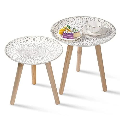 TRSPCWR Nesting Tables Set Of 2, Round Nesting Coffee Table, End Table With Gold Peacock Pattern, Easy Assembly Retro Side Desk For Living Room, Bedroom, Office, 15.7in 13.7in - Image 2