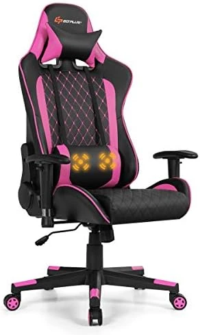 Goplus Massage Gaming Chair, Reclining Backrest Handrails And Seat Height Adjustment Racing Computer Office Chair, Ergonomic High Back Embroidered PU Swivel Game Chair With Headrest And Lumbar Cushion - Image 7