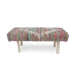 Great Deal Furniture Stephanie Handcrafted Boho Fabric Rectangular Bench, Ivory, Multicolor, And Natural