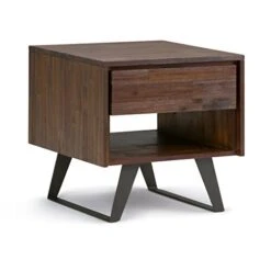 SIMPLIHOME Lowry Solid Acacia Wood And Metal 22 Inch Wide Square Modern Inrial End Side Table In Distressed Charcoal Brown With Storage, 1 Drawer And 1 Shelf, For The Living Room And Bedroom