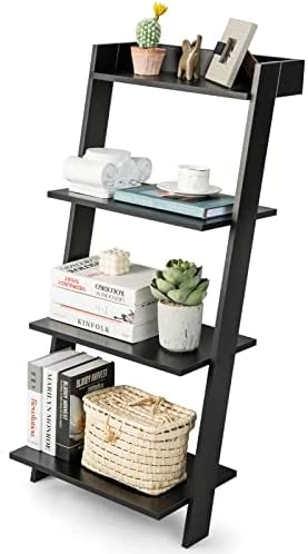 Tangkula 4 Tier Ladder Shelf, Leaning Bookshelf With Solid Wooden Frame, Anti-toppling Device, Anti-falling Baffle, Organizer Shelf, Open Shelving Unit For Home Office, 19.5 X 17.5 X 43 Inches (White) - Image 8