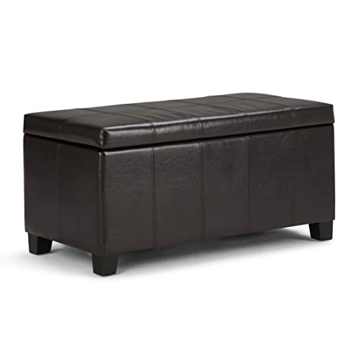 SIMPLIHOME Dover 36 Inch Wide Rectangle Lift Top Storage Ottoman Bench In Upholstered Tanners Brown Faux Leather, Footrest Stool, Coffee Table For The Living Room, Bedroom And Kids Room