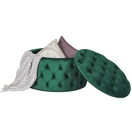 Homebeez Round Velvet Storage Ottoman Button-Tufted Footrest Stool Coffee Table For Living Room (Emerald Green) - Image 2