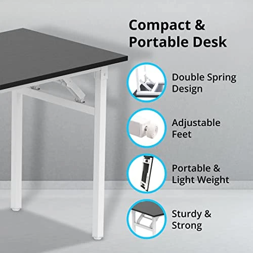 Halter Folding Desk Table, No Assembly Collapsible Computer Desk For Office, Bedroom, And Study - 47β Space-Saving Portable, Foldable Study Table - Black Table Top, White Frame - Image 3