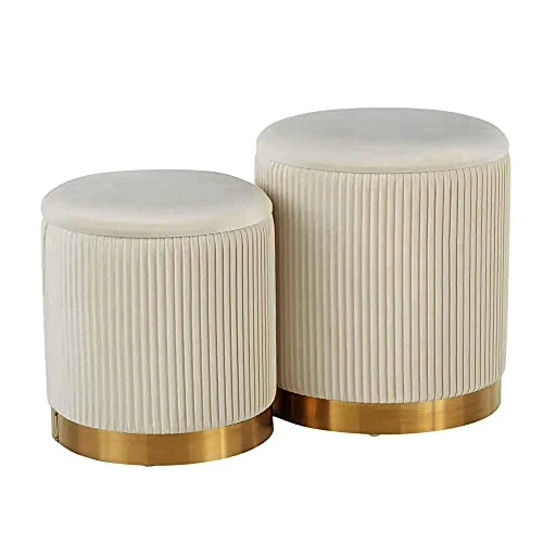 Ottoman With Storage - White Velvet Ottoman For Living Room, Velvet Storage Ottoman For Kids Room,Gold Ottoman With Storage, Vanity Chair For Bedroom,Set Of 2 Velvet Ottoman, Ottoman Seat (White)