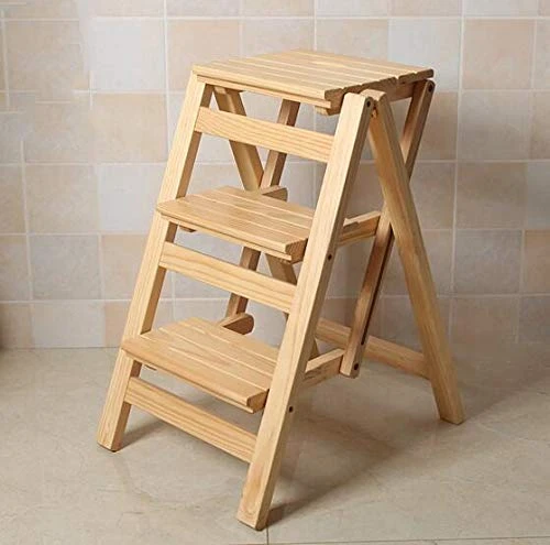 Folding Ladder Staircase Multi-Functional Folding Solid Wood Ladder Stool,Step Stool Household Muliti-Color Stool Step Ladder Foldable Stepladder,Wooden,Three