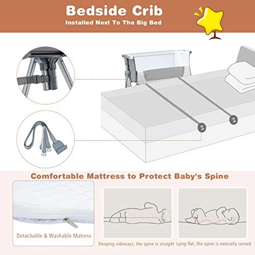BABY JOY Bedside Bassinet, Portable Baby Crib W/Mattress, Two-Side Breathable Mesh, 7 Height Adjustable, Large Storage, Wheels For Easy Movement, Crib For Newborn Infant, Bassinet For Baby, Grey - Image 2