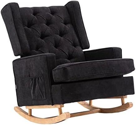 Dolonm Nursery Rocking Chair Upholstered Mid Century Modern Rocker Oversized Wingback Armchair For Living Room With Solid Wood Base (Beige) - Image 8