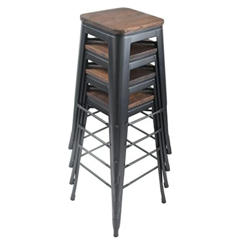 Changjie Furniture Bar Stools Set Of 4 With Wooden Seat Backless Barstools Industrial Counter Height Bar Stools Stackable For Kitchen (30 Inch, Matte Black) - Image 3