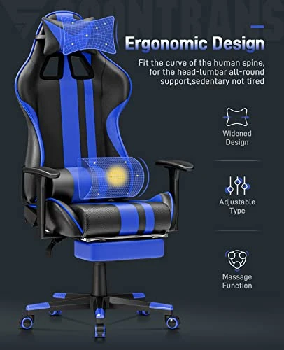 Soontrans Blue Gaming Chair With Footrest, Leather Ergonomic Gaming Chairs For Adults With Massage Lumbar Support & Headrest For Office Work, Height Adjustable Gamer Chair, Comfortable Computer Chair - Image 3