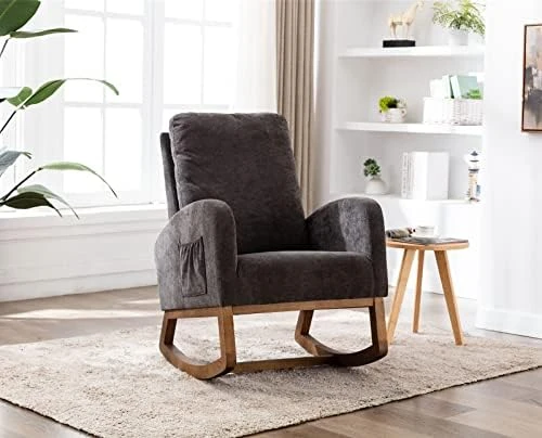 Modern Accent Rocking Chair, Upholstered Nursery Glider Rocker For Baby And Kids, Comfy Armchair With Side Pocket, Living Room Lounge Arm Chair, High Backrest With Decorative Buttons, Off White - Image 9