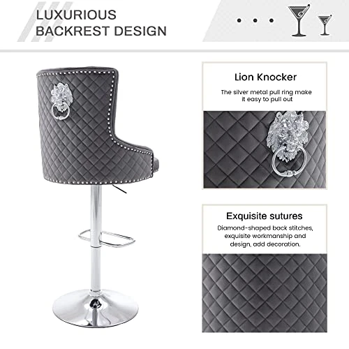 GOOLON Velvet Bar Stool Set Of 2 Lion Pull Ring Swivel Chair For Kitchen Counter Nailhead Upholstered Barstools Height Adjustable Barstools With Chrome Base For Dining Room Kitchen Gray - Image 4