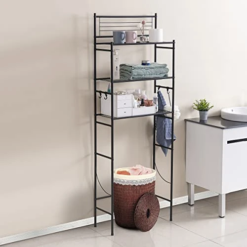GOOITA 3-Shelf Over The Toilet Storage Bathroom Rack Space Saver Organizer Free Standing Metal Shelves With 4 Hooks, Black - Image 3