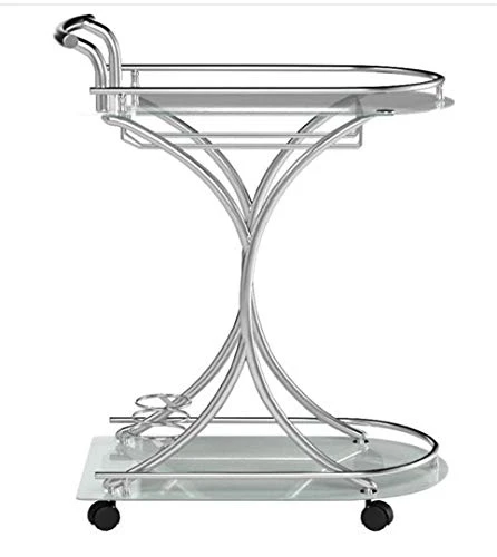 Coaster Furniture Modern Contemporary 2 Shelf Serving Bar Cart Trolley Frosted White Tempered Glass Caster Wheels Wine Bottle Holder Stemware Rack Chrome 910002 - Image 4