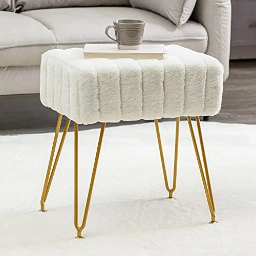 Modern Mink Square Footstool Ottoman Bench, White Faux Fur Vanity Stool With Gold Legs, Comfy Vanity Chair Entryway Bench, Makeup Stools For Vanity, Plush Fluffy Footrest For Bedroom, Living Room - Image 14