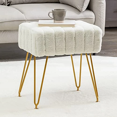 Modern Mink Square Footstool Ottoman Bench, White Faux Fur Vanity Stool With Gold Legs, Comfy Vanity Chair Entryway Bench, Makeup Stools For Vanity, Plush Fluffy Footrest For Bedroom, Living Room