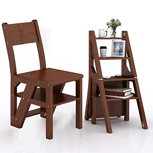 Solid Rubber Wood Folding Library Ladder Chair,Step Ladders Step Chair,Foldable 4-Step Stool Dual Purpose Stepladders,4-Step Climb Step,Folding Ladder Chair,Display Stand,Flower Stand