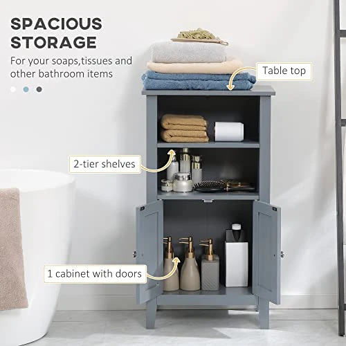 Kleankin Bathroom Cabinet Organizer With 2-Tier Open Shelves, Double Door Enclosed Storage And Elevated Base, Dark Grey - Image 5