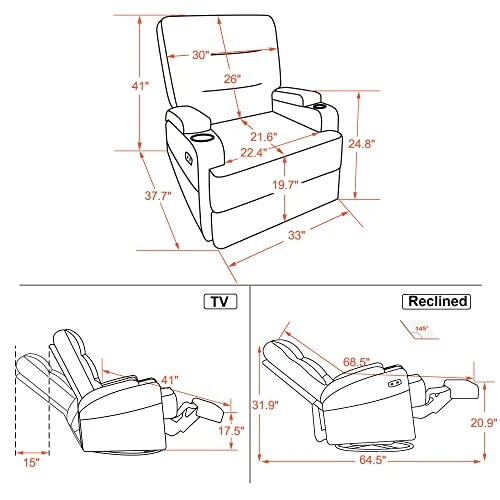 MCombo Electric Power Swivel Glider Recliner Chair With Heat And Vibrating For Nursery, USB Ports, Pillow, Cup Holders, Remote Control, Fabric 7752 (Navy Blue) - Image 3