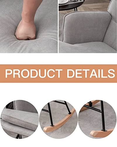 MELLCOM Rocking Chair With Ottoman, High Back Nursery Glider Rocker With Solid Wood Leg, Modern Upholstery Linen Fabric Armchair For Nursery, Living Room And Bedroom - Image 3