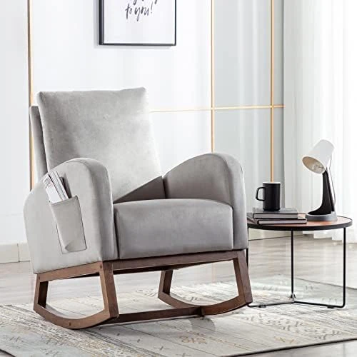 ONPNO Velvet Rocking Chair Nursery Glider Rocker Chair High Backrest Upholstered Accent Armchair With Side Pocket For Living Room Bedroom Office(Light Grey) - Image 5
