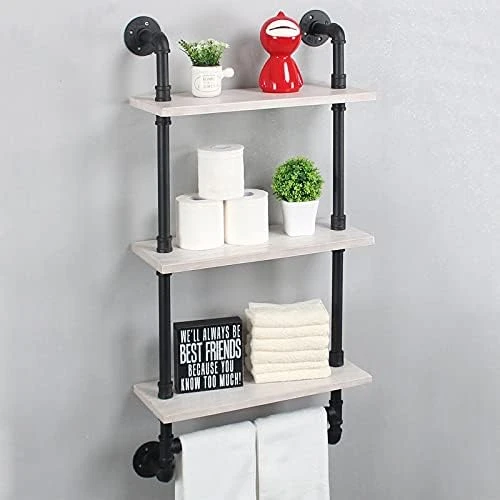 Industrial Pipe Shelf Bathroom Shelves Wall Mounted,19.6in Rustic Wood Shelf With Towel Bar,2 Tier Farmhouse Towel Rack Over Toilet,Pipe Shelving Floating Shelves Towel Holder,Retro Grey - Image 14