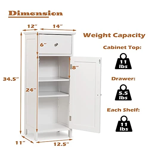GLACER Bathroom Floor Cabinet, Multifunctional Freestanding Side Storage Cabinet With Adjustable Shelf, Equipped With Anti-toppling Fitting, 14 X 12 X 34.5 Inches (White) - Image 3