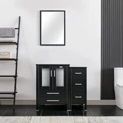 Eclife 36" Black Bathroom Vanity W/Black Side Cabinet Combo Modern Pedestal Cabinet Set Pedestal Stand Wood With Bathroom Vanity Mirror Drawers Soft Closing Cabinet Doors Set (B02B11)