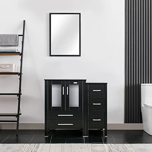 Eclife 36" Black Bathroom Vanity W/Black Side Cabinet Combo Modern Pedestal Cabinet Set Pedestal Stand Wood With Bathroom Vanity Mirror Drawers Soft Closing Cabinet Doors Set (B02B11)