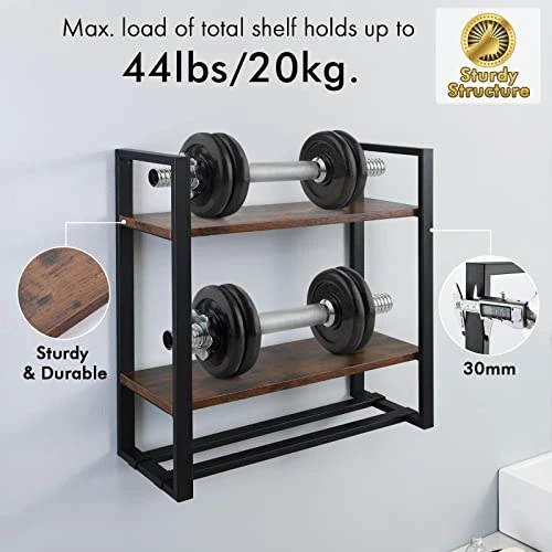 KES Bathroom Shelf With Bar Wall Mounted, 2-Tier Industrial Wooded Rustic Wall Shelf Over Toilet Rack With Double Adjustable Bar Floating Shelves 23.6-inch Metal Black, BTR500S60-BK - Image 2
