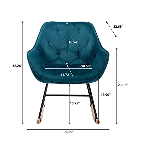 Compact Velvet Rocking Chair, Comfy Accent Rocker Chair For Babies Nursery, Upholstered Glider For Bedroom, Living Room (Teal)