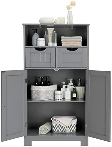 COSTWAY Bathroom Storage Cabinet, Freestanding Storage Organizer With 2 Drawers & Adjustable Shelf, Wooden Floor Cabinet For Living Room, Bedroom, Kitchen, Entryway (Gray) - Image 8