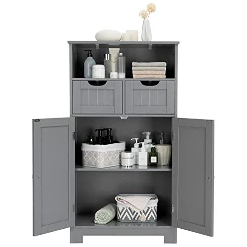 COSTWAY Bathroom Storage Cabinet, Freestanding Storage Organizer With 2 Drawers & Adjustable Shelf, Wooden Floor Cabinet For Living Room, Bedroom, Kitchen, Entryway (Gray)