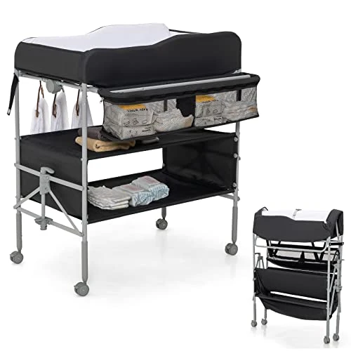 BABY JOY Portable Baby Changing Table, Foldable Infant Diaper Changing Station W/Storage Basket & Shelves, Clothes Rail, Height Adjustable Newborn Nursery Organizer W/ 4 Lockable Wheels (Gray) - Image 8