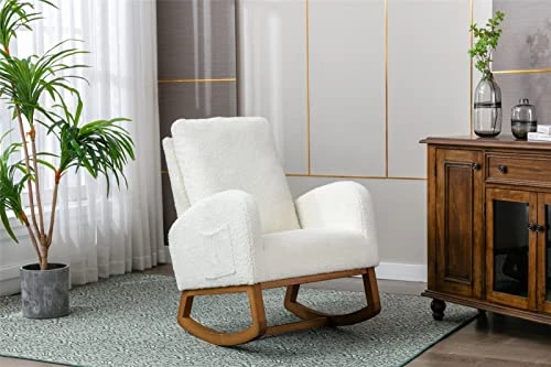 Nursery Rocking Chair,Upholstered Fabric Accent Armchair,Wooden Padded Seat With 2-Side Pocket,Nursing Chair With Rubber Wood Legs,Glider Chair For Nursery,Living Room,Home Office (White Line) - Image 2