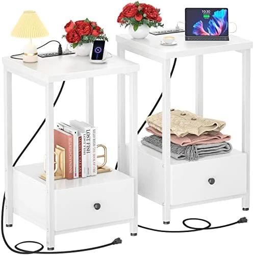 Ecoprsio Nightstands Set Of 2 With Charging Station, Modern Night Stand Bedside Table With Storage Drawer And Shelf, End Side Table With USB Ports & Power Outlets For Bedroom Living Room, Grey Oak - Image 9