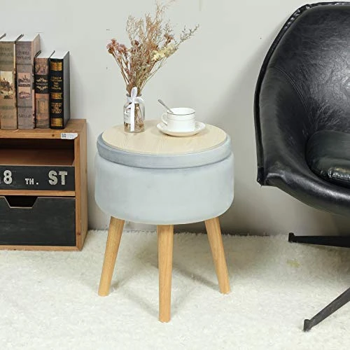 B FSOBEIIALEO Round Storage Ottoman, Soft Padded Velvet Footstool Vanity Makeup Chair, With Wooden Legs & Tray Top 14.17" (Blue) - Image 2