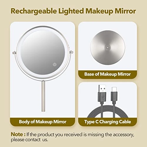 Rechargeable 8 Inch Desktop Vanity Mirror With Lights, 3 Colors 1X/10X Table Lighted Makeup Mirror With 360° Rotation Touch Screen, LED Dimmable Desk Lit Cosmetic Magnifying Mirror Brushed Nickel - Image 2