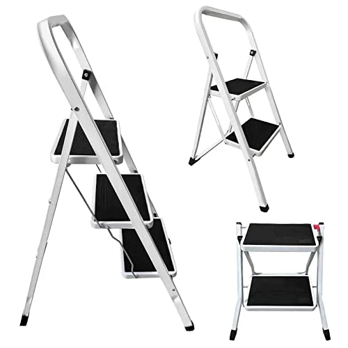 Office Step Stool Adults & Kids White Stepladder, Folding Step Stool With Non-Slip Wide Platform, Lightweight Portable Folding 2 Step Ladders For Home Kitchen Closet, Foldable Ladder 330 Lbs Capacity