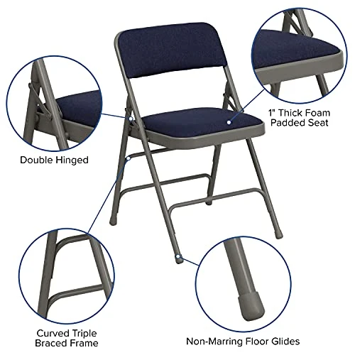 EMMA + OLIVER 2 Pack Curved Triple Braced Navy Fabric Metal Folding Chair - Image 4