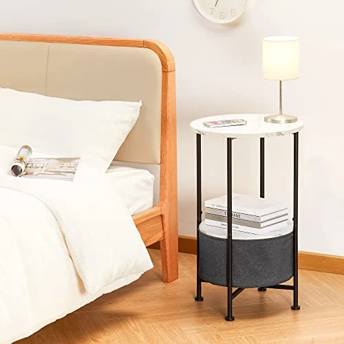 LEMONDA 26" High Marble White Round End Table With Storage,Small 2 Tiers Round Side Table With Basket For Living Room Bedroom,Round Sofa Table Nightstand Bedside Table For Small Spaces - Image 4