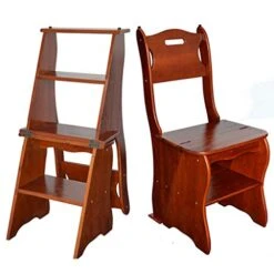XWZJY Folding Library Ladder Chair Kitchen Office Use 4 Step Stool Creative Transforming Plant Stand/Storage Shelf,Max Load 150kg,Walnut Color