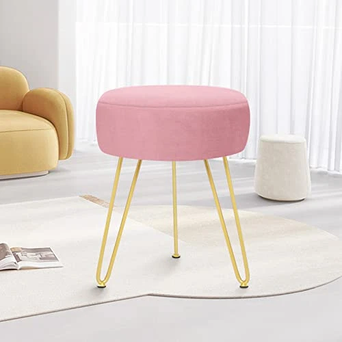YOONIC Velvet Soft Modern Vanity Stool -Round Footrest Stool Ottoman Side Table Seat Dressing With Golden Metal Leg And Sponge Filling,Upholstered Foot Rest, For Living Room And Bedroom Pink - Image 6