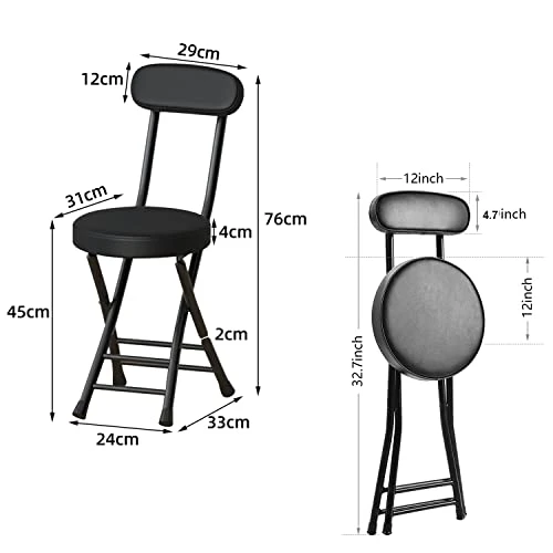 Folding Stool With Back,Cushioned Padded Folding Stool 18.1 Inch, Black Portable Heavy Duty Collapsible Padded Round Stool,Foldable Bar Stool Black White