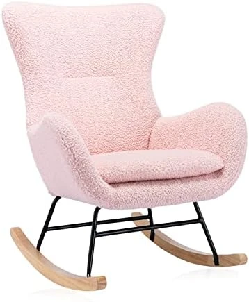 Tsuysi Teddy Rocking Chair Nursery, Upholstered Rocking Chairs With High Backrest And Armrests, Small Glider Chair For Nursery, Living Room, Bedroom (Beige) - Image 9