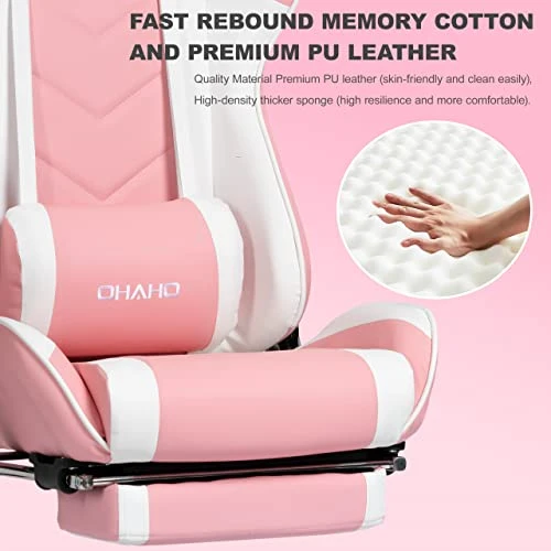 OHAHO Gaming Chair Racing Style Office Chair Adjustable Massage Lumbar Cushion Swivel Rocker Recliner Leather High Back Ergonomic Computer Desk Chair With Retractable Arms And Footrest (Pink/White) - Image 3