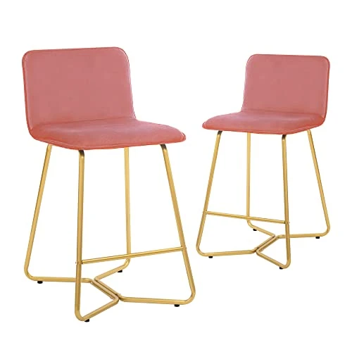 CangLong 25Inch Upholstered Polished Gold Metal Frame, Set Of 2, Counter Stool Chair, Pink 3