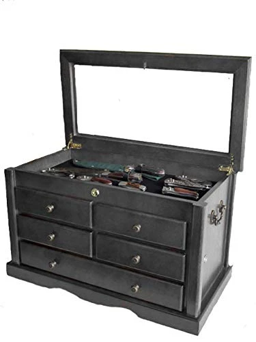 DisplayGifts Collector's Choice Solid Wood Knife Display Case Tool Storage Cabinet W/ 5 Drawer Gallery Quality Black