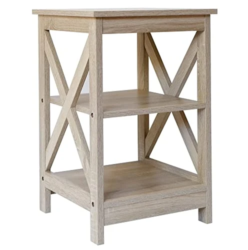 Rainbow Sophia Side Table, Modern Farmhouse Wood End Table With 3-Tier Storage, White Oak